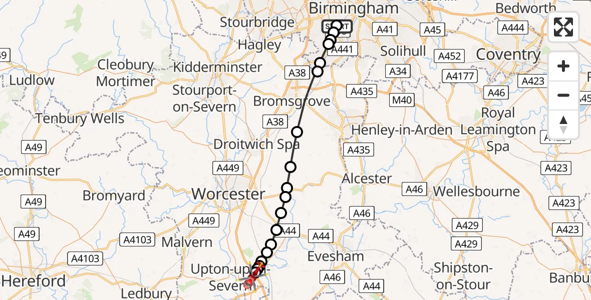 Flight path map showing Air Ambulance Helicopter route from Queen Elizabeth Hospital Helipad to Hill Croome