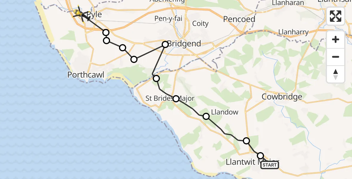 Flight path map showing Police Helicopter route from Boverton to Pyle