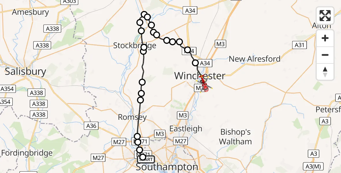 Flight path map showing Air Ambulance Helicopter route from Millbrook to Winchester