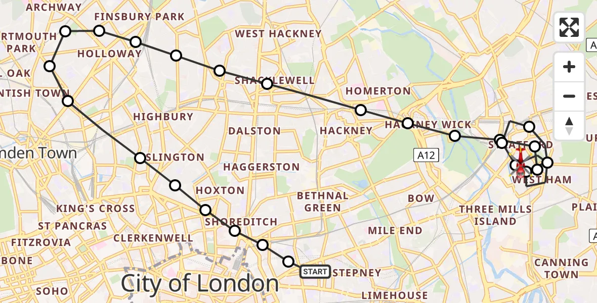 Flight path map showing Air Ambulance Helicopter route from Royal London Hospital to West Ham