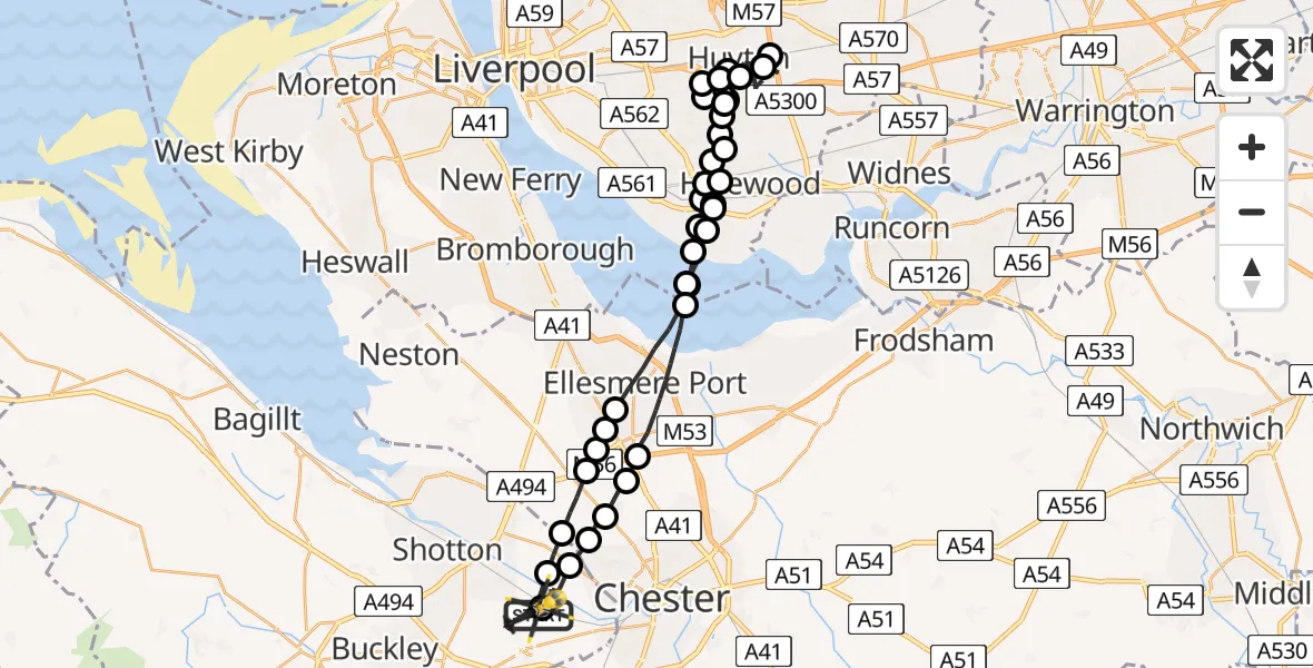 Flight path map showing Police Helicopter route from Hawarden Airport to Hawarden Airport