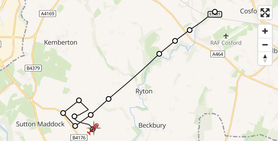 Flight path map showing Air Ambulance Helicopter route from RAF Cosford to Beckbury