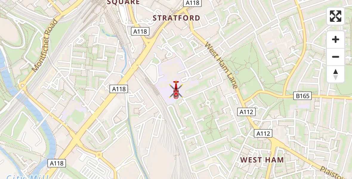 Flight path map showing Air Ambulance Helicopter route from Stratford to Stratford