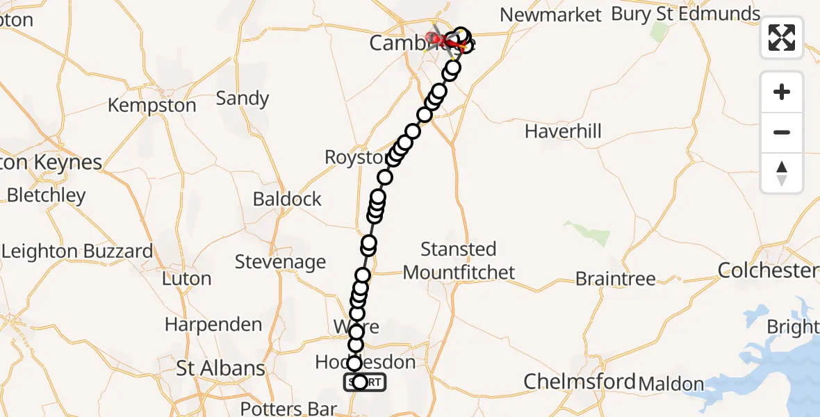 Flight path map showing Air Ambulance Helicopter route from Epping Forest to Cambridge City Airport