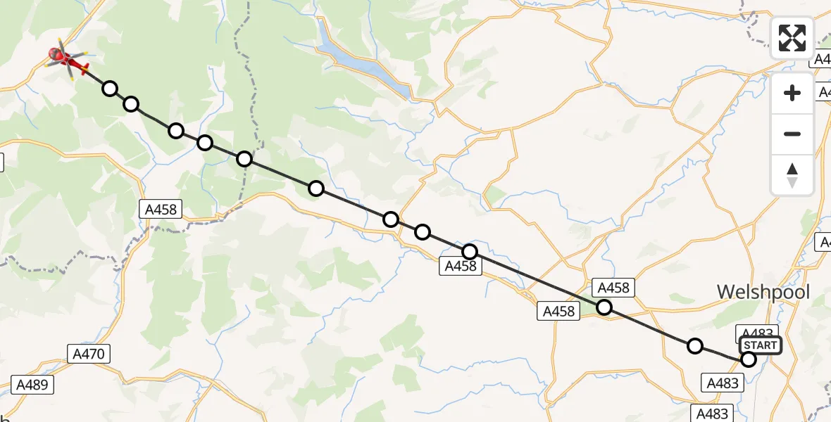 Flight path map showing Air Ambulance Helicopter route from Welshpool Airport to Brithdir and Llanfachreth