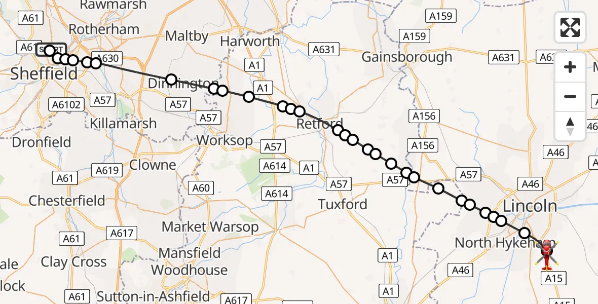 Flight path map showing Air Ambulance Helicopter route from Sheffield Northern Hospital to North Kesteven