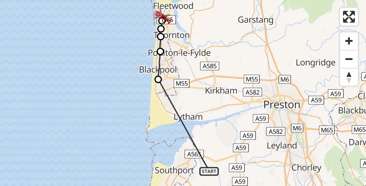 Flight path map showing Air Ambulance Helicopter route from West Lancashire to Fleetwood