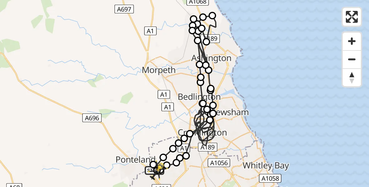 Flight path map showing Police Helicopter route from Newcastle International Airport to Newcastle International Airport