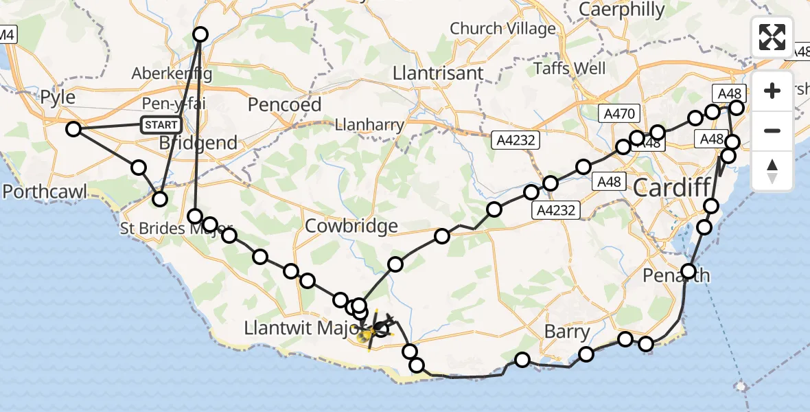Flight path map showing Police Helicopter route from Bryntirion to MOD St Athan