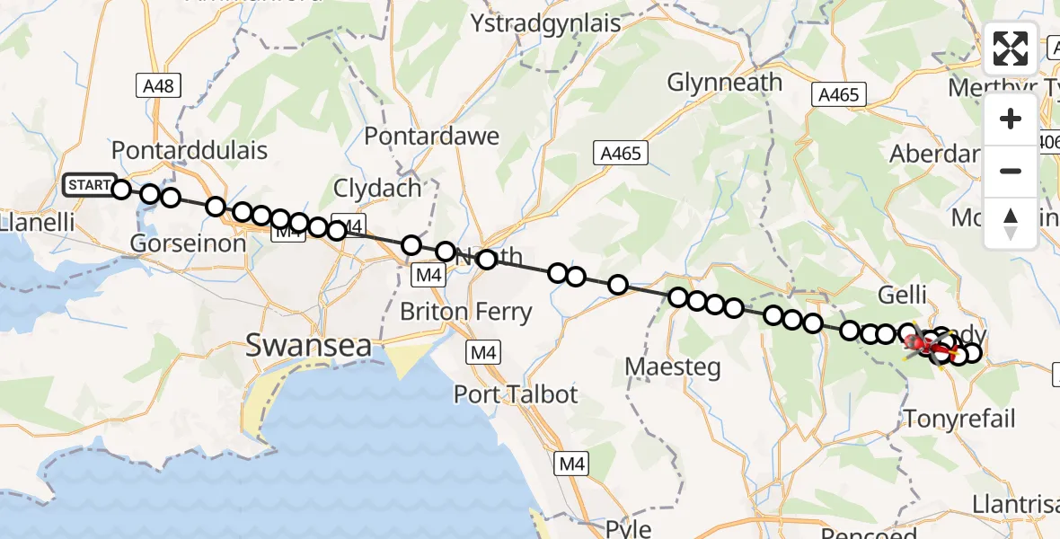 Flight path map showing Air Ambulance Helicopter route from Dafen to Tonypandy