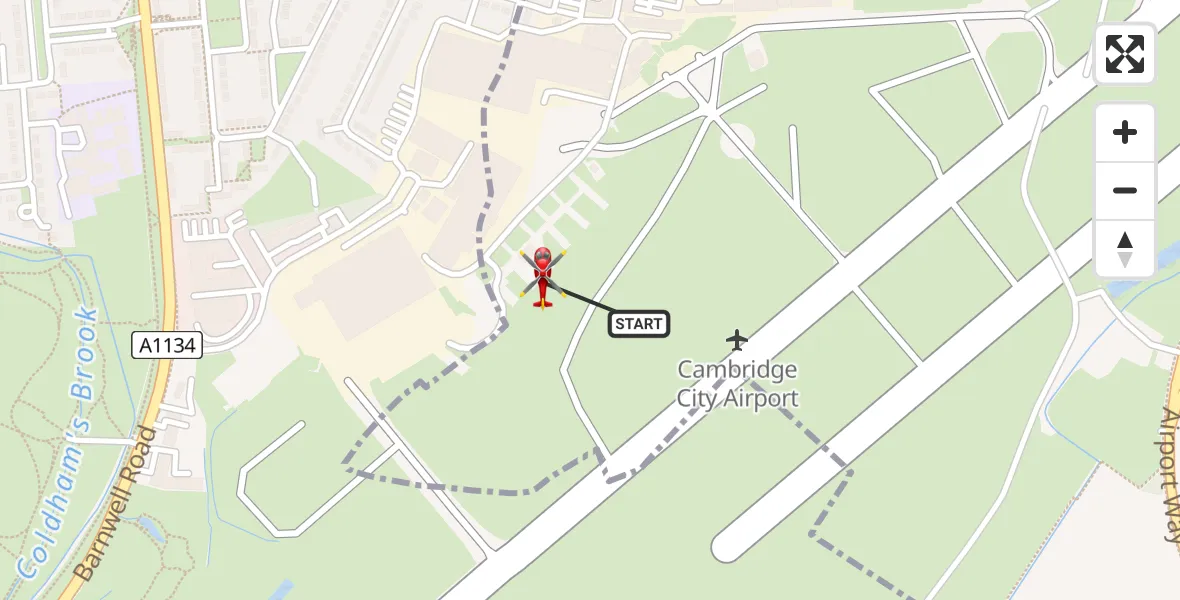 Flight path map showing Air Ambulance Helicopter route from Cambridge City Airport to Cambridge City Airport