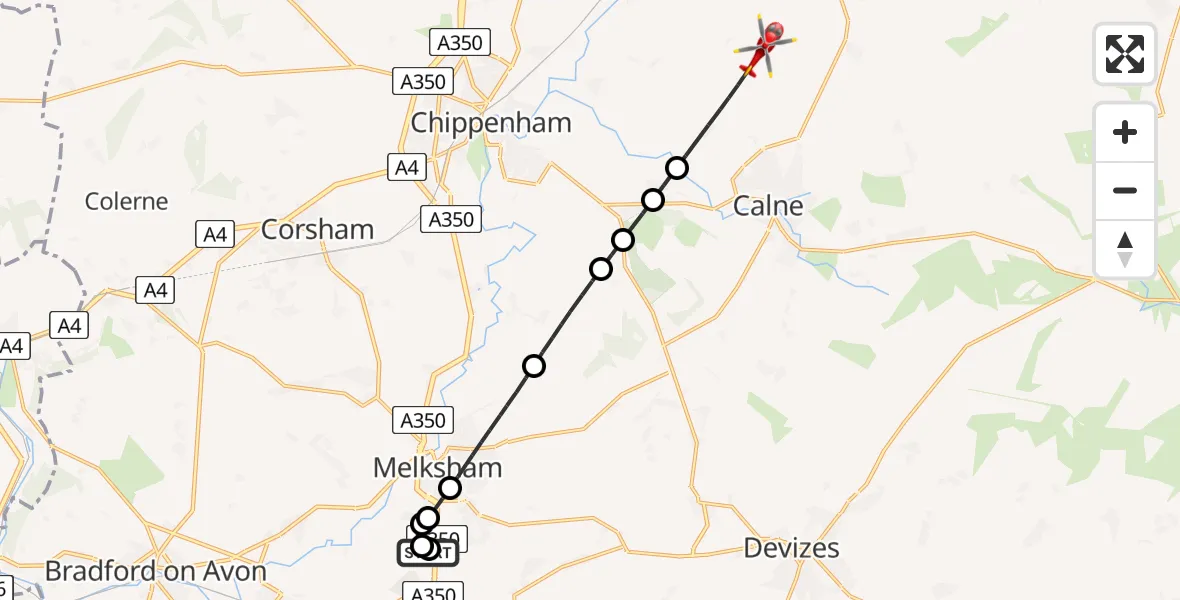 Flight path map showing Air Ambulance Helicopter route from Wiltshire Air Ambulance to Bremhill