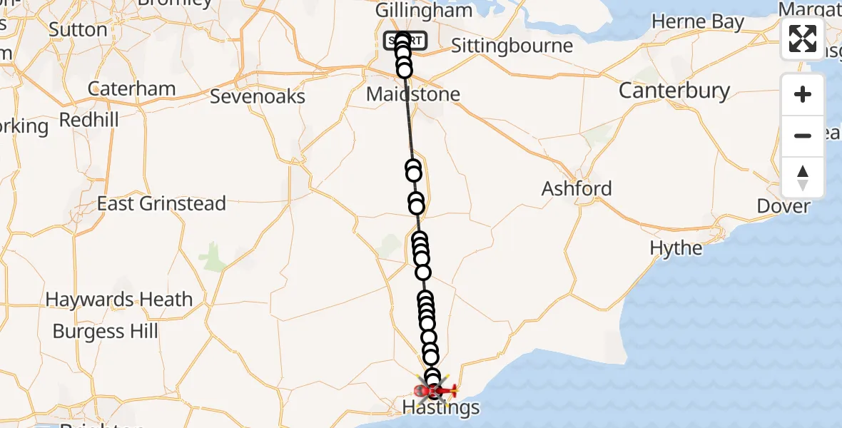Flight path map showing Air Ambulance Helicopter route from Rochester Airport to St Leonards