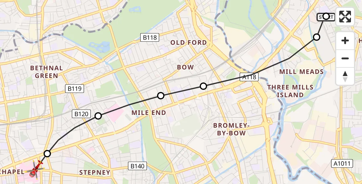 Flight path map showing Air Ambulance Helicopter route from Stratford to Royal London Hospital