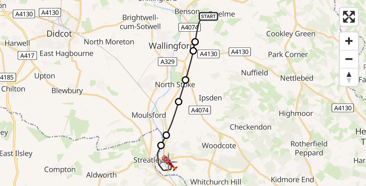 Flight path map showing Air Ambulance Helicopter route from RAF Benson to Goring-on-Thames
