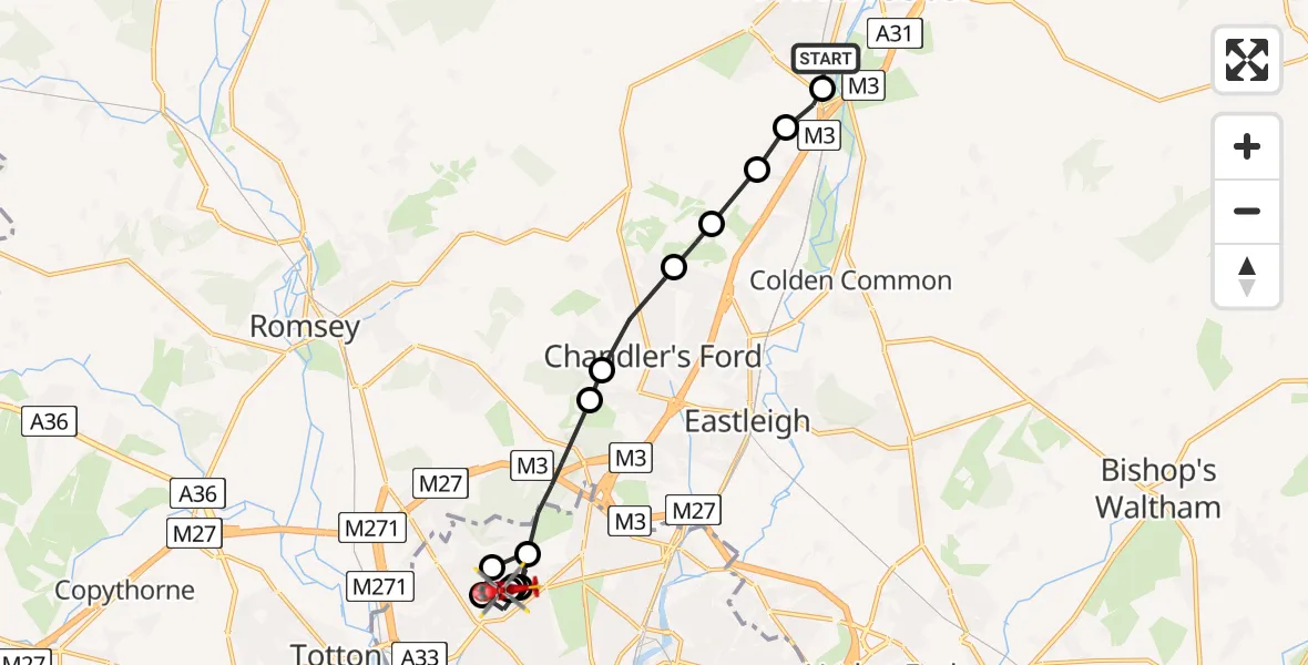 Flight path map showing Air Ambulance Helicopter route from Winchester to University Hospital Southampton