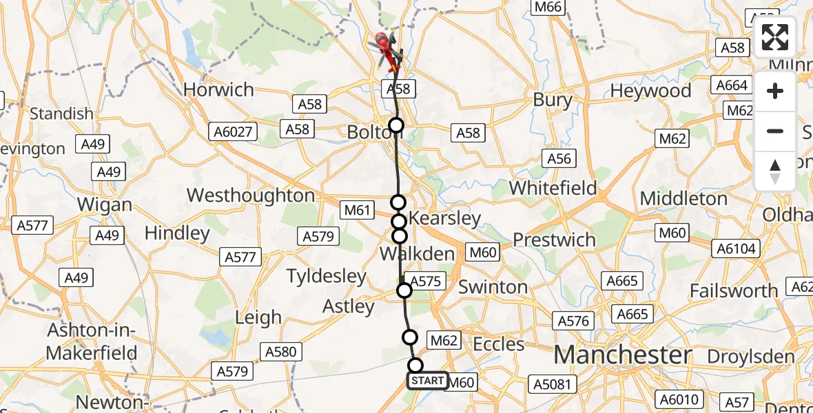Flight path map showing Air Ambulance Helicopter route from Manchester Barton Aerodrome to Bolton