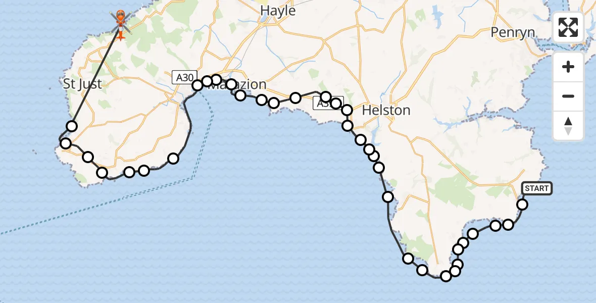 Flight path map showing Coastguard Helicopter route from St. Keverne to Morvah