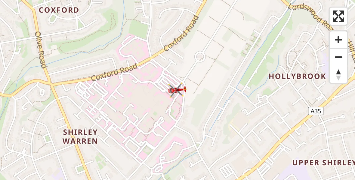 Flight path map showing Air Ambulance Helicopter route from University Hospital Southampton to University Hospital Southampton