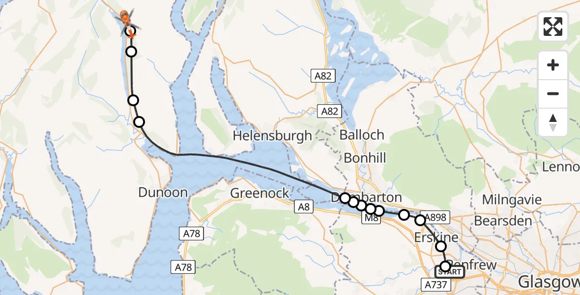 Flight path map showing Coastguard Helicopter route from Glasgow Airport to Strachur