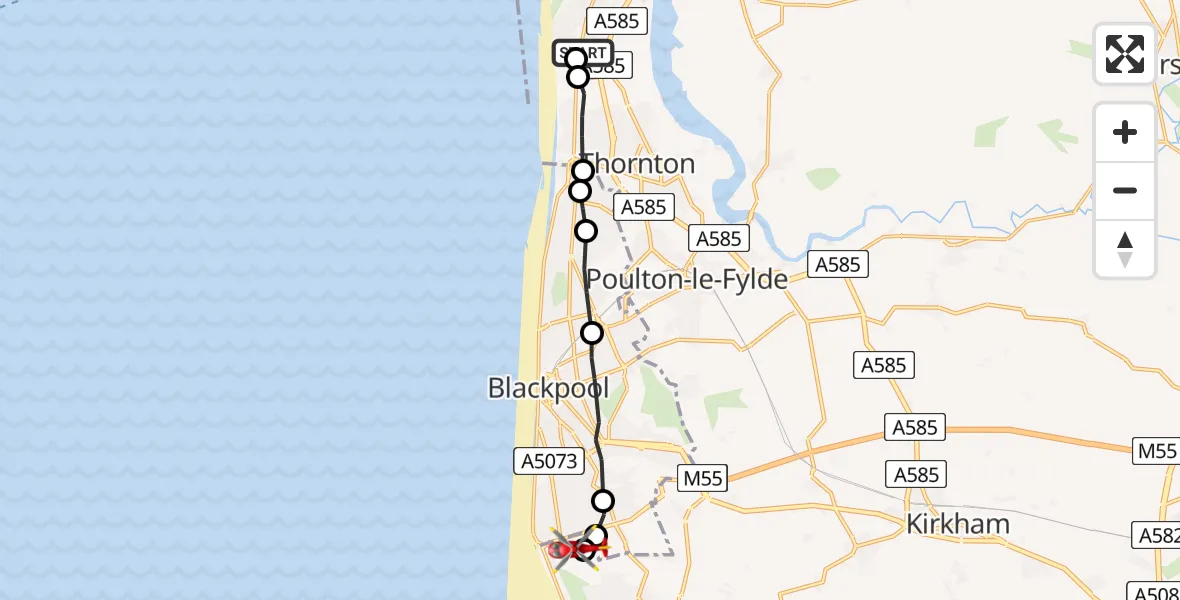 Flight path map showing Air Ambulance Helicopter route from Cleveleys to Blackpool Airport