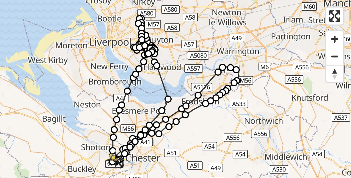 Flight path map showing Police Helicopter route from Hawarden Airport to Hawarden Airport