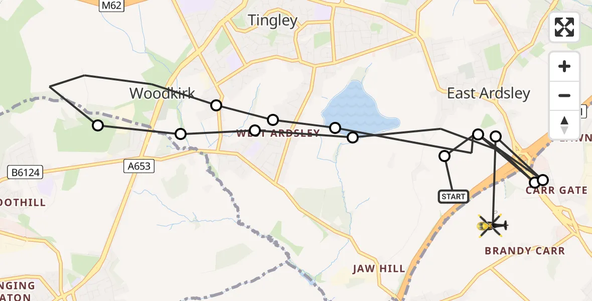 Flight path map showing Police Helicopter route from East Ardsley to Wrenthorpe