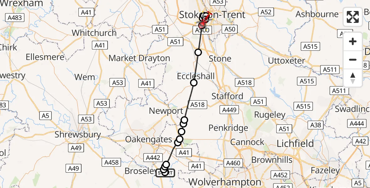 Flight path map showing Air Ambulance Helicopter route from Beckbury to University Hospital North Staffs