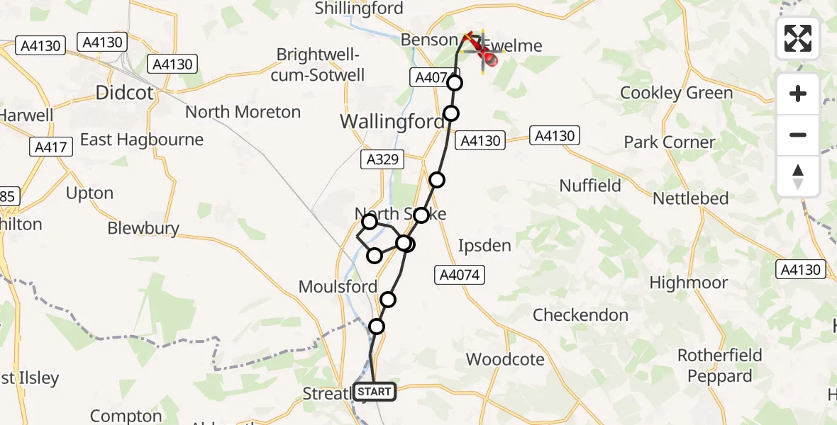 Flight path map showing Air Ambulance Helicopter route from Goring-on-Thames to RAF Benson