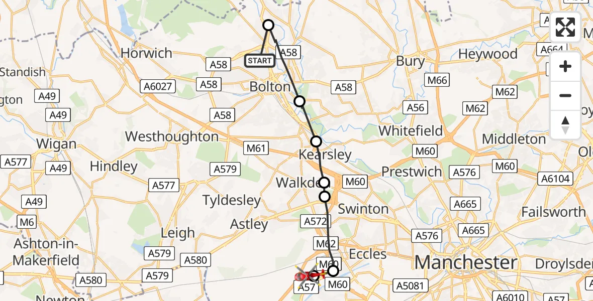 Flight path map showing Air Ambulance Helicopter route from Bolton to Manchester Barton Aerodrome