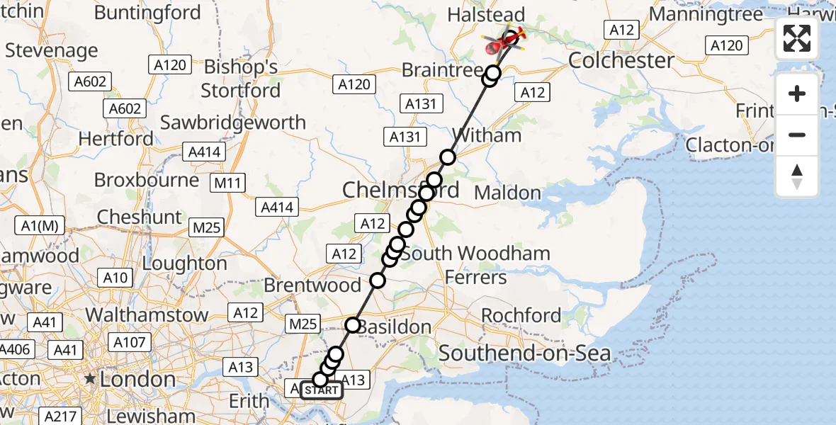 Flight path map showing Air Ambulance Helicopter route from Grays to Earls Colne Airfield