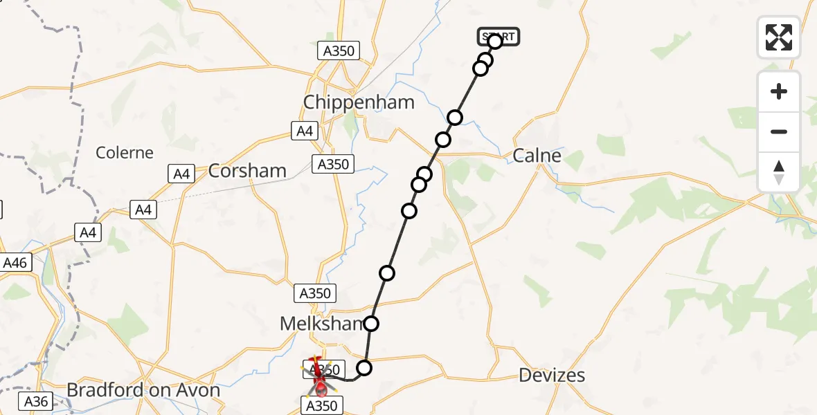Flight path map showing Air Ambulance Helicopter route from Bremhill to Melksham