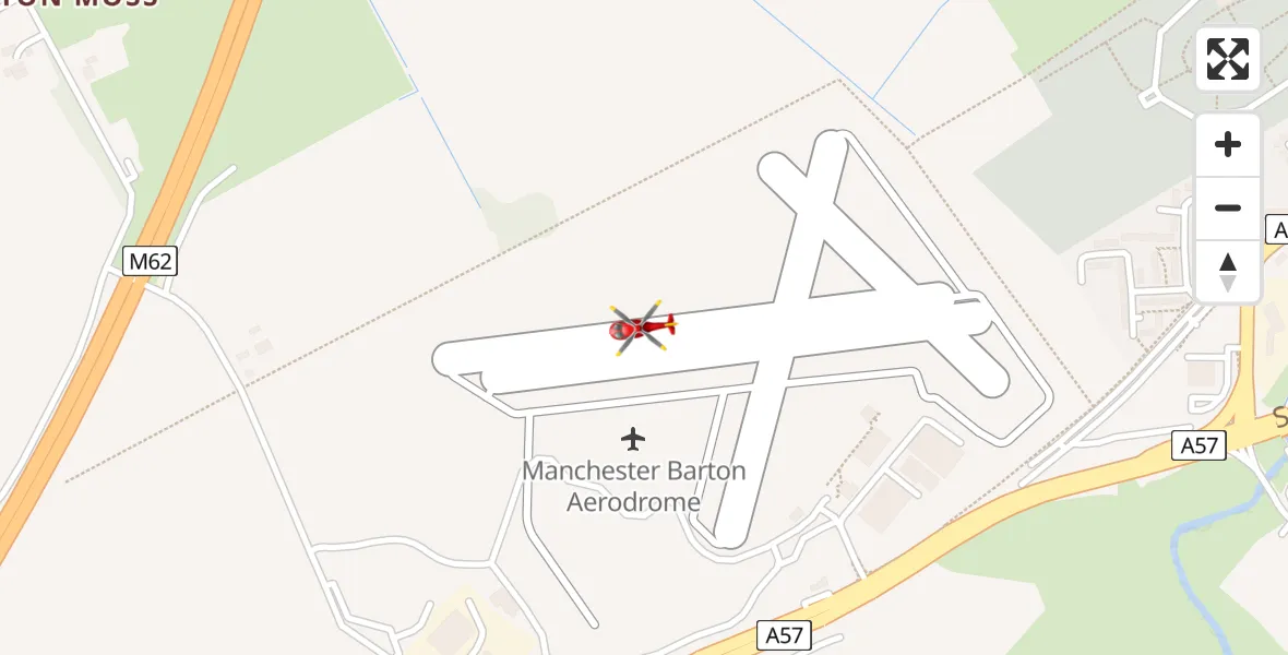 Flight path map showing Air Ambulance Helicopter route from Manchester Barton Aerodrome to Manchester Barton Aerodrome