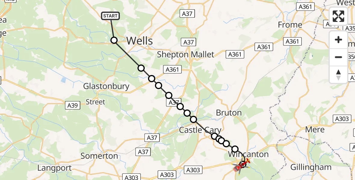 Flight path map showing Air Ambulance Helicopter route from Westbury-sub-Mendip to Holton