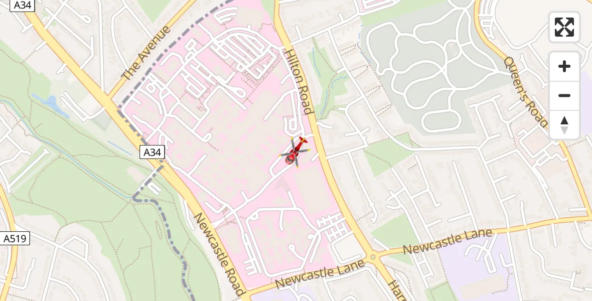 Flight path map showing Air Ambulance Helicopter route from University Hospital North Staffs to University Hospital North Staffs