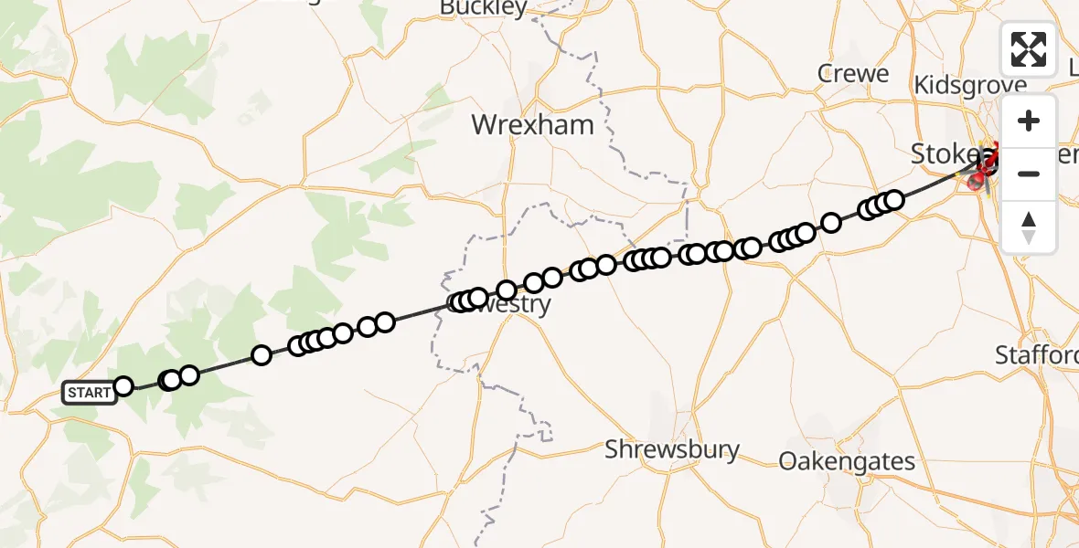 Flight path map showing Air Ambulance Helicopter route from Brithdir and Llanfachreth to University Hospital North Staffs