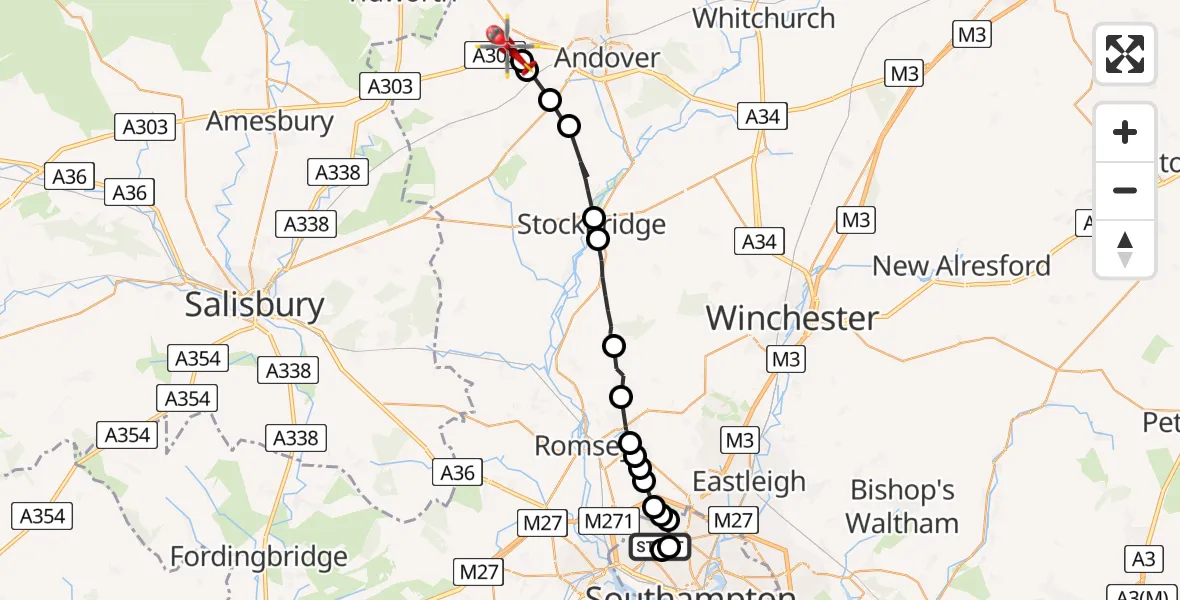 Flight path map showing Air Ambulance Helicopter route from University Hospital Southampton to Amport