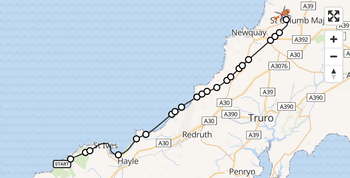 Flight path map showing Coastguard Helicopter route from Porthmeor to Cornwall Airport Newquay