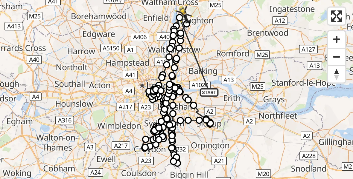 Flight path map showing Police Helicopter route from Thamesmead to Sewardstonebury