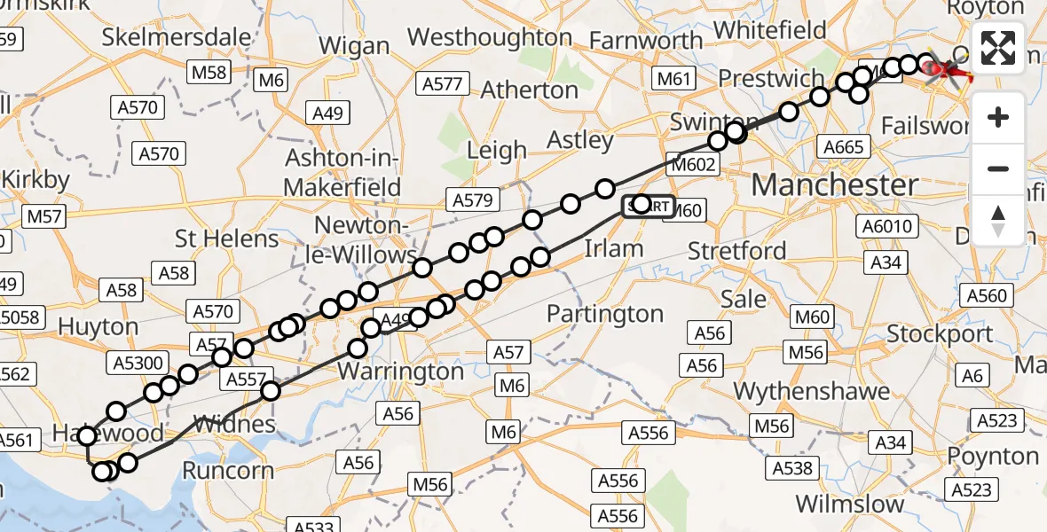 Flight path map showing Air Ambulance Helicopter route from Manchester Barton Aerodrome to Chadderton