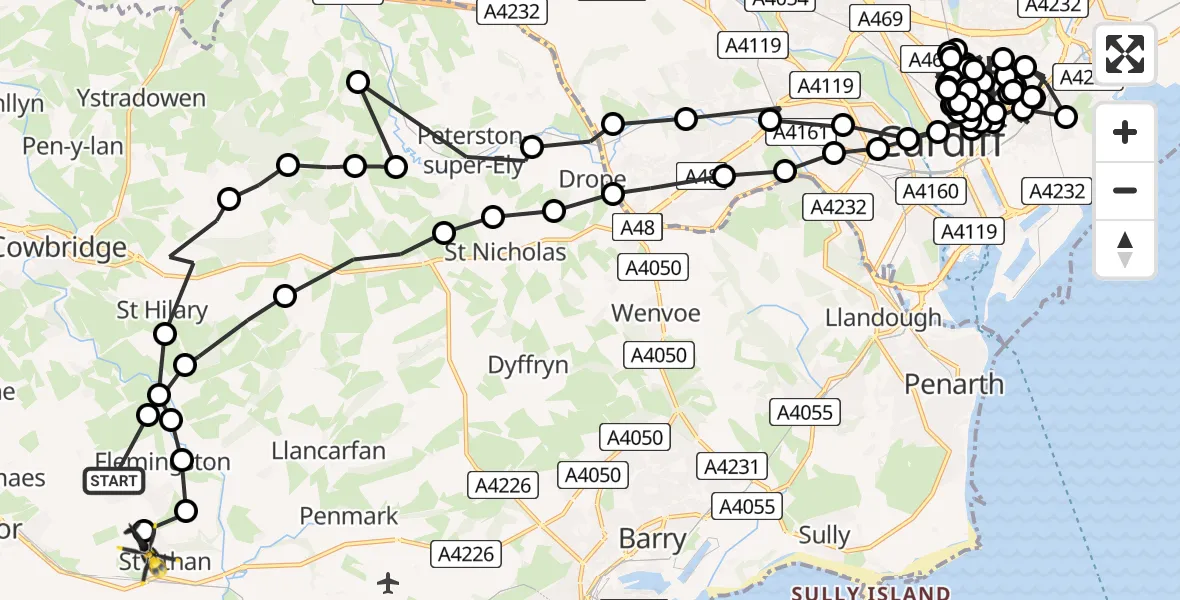 Flight path map showing Police Helicopter route from MOD St Athan to MOD St Athan