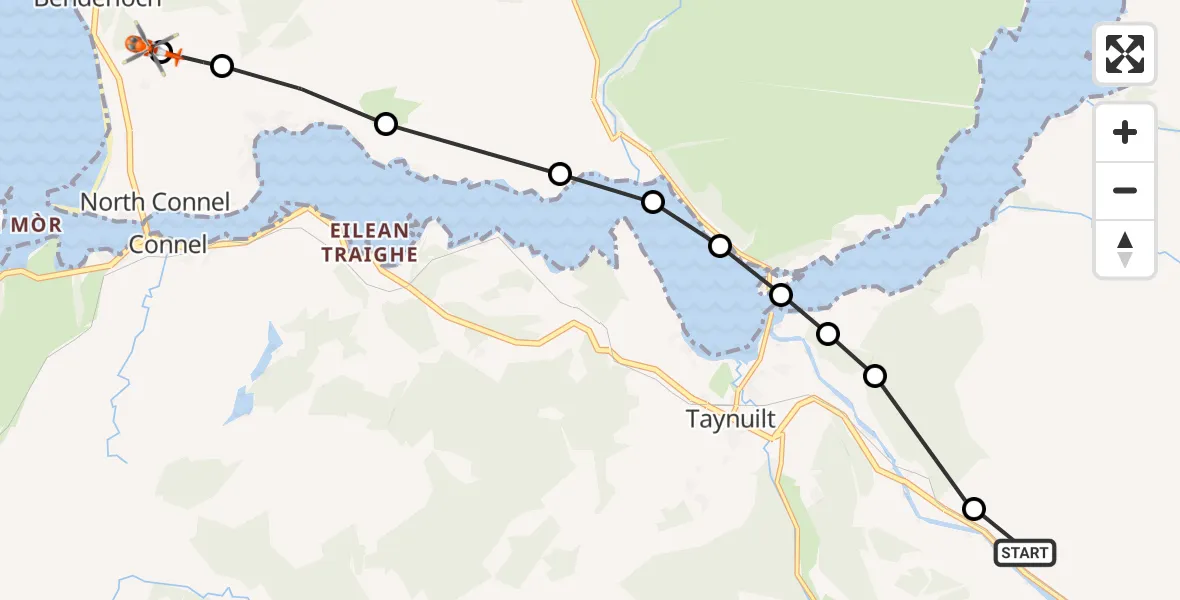 Flight path map showing Coastguard Helicopter route from Bridge of Awe to Benderloch