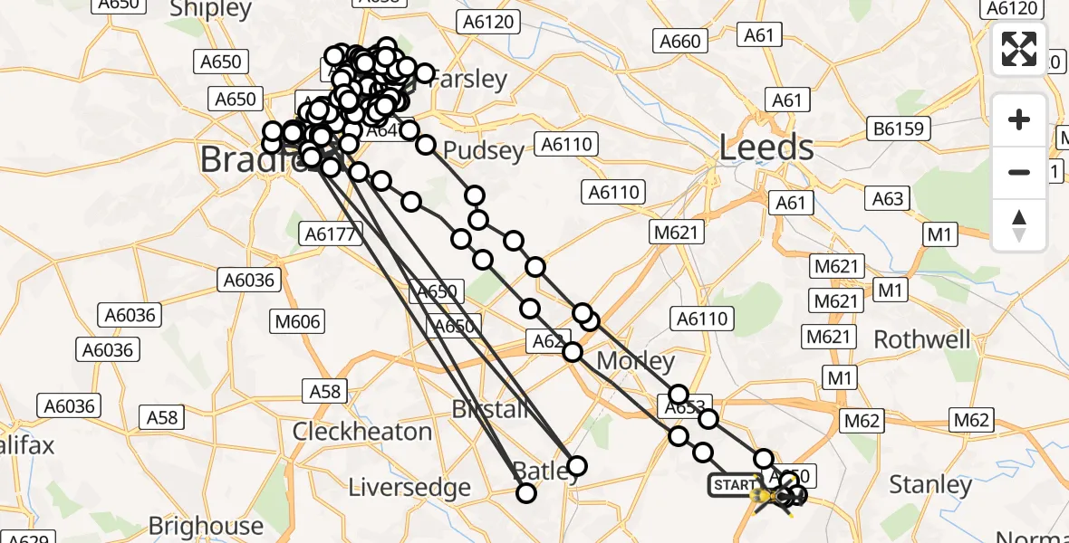 Flight path map showing Police Helicopter route from East Ardsley to East Ardsley