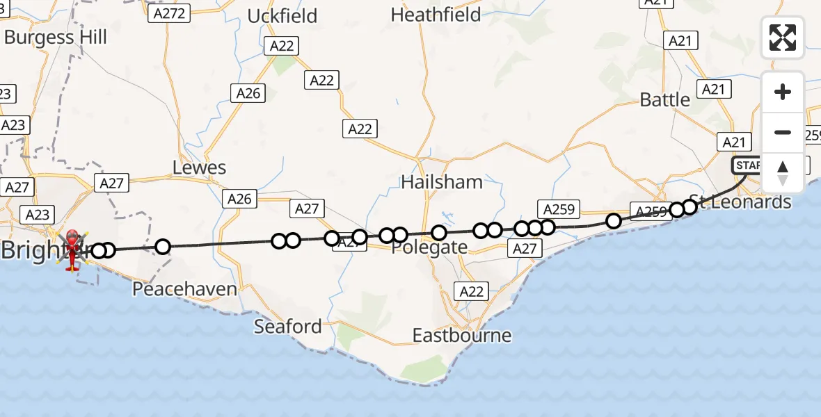 Flight path map showing Air Ambulance Helicopter route from St Leonards to Brighton