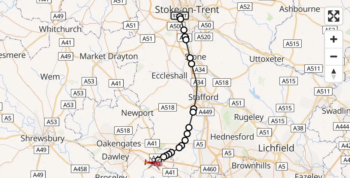 Flight path map showing Air Ambulance Helicopter route from University Hospital North Staffs to Cosford