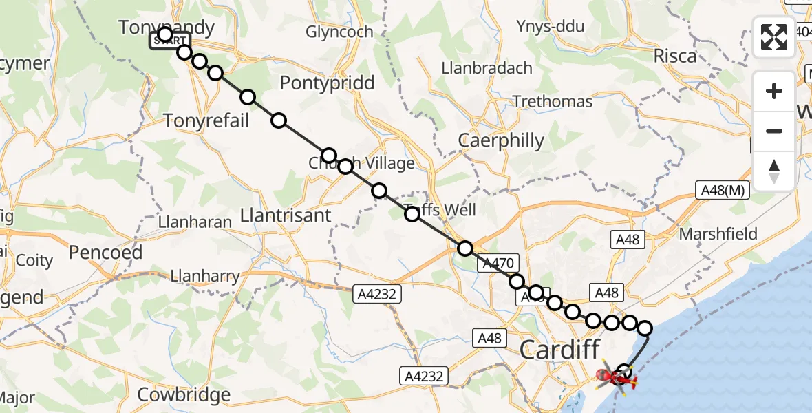Flight path map showing Air Ambulance Helicopter route from Tonypandy to Cardiff Heliport
