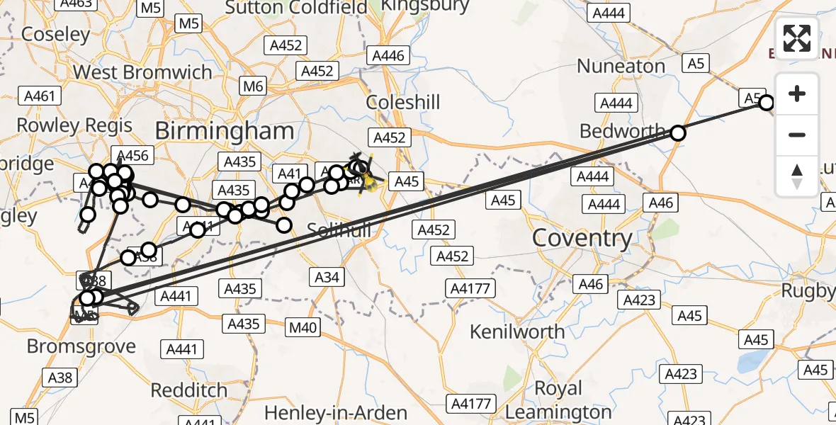 Flight path map showing Police Helicopter route from Solihull to Birmingham Airport