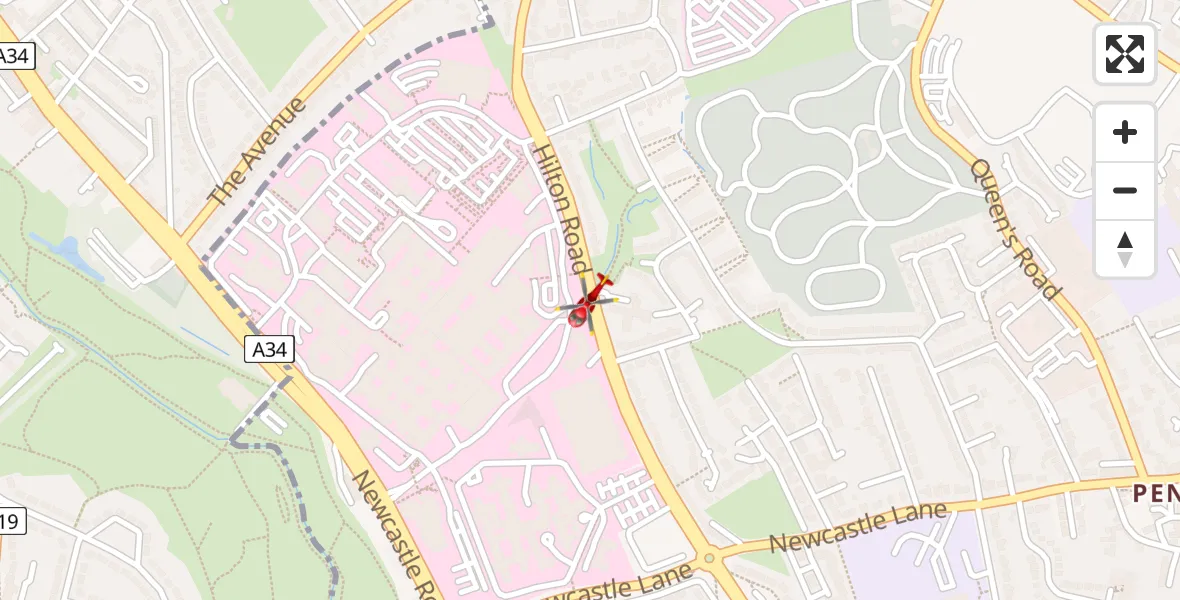 Flight path map showing Air Ambulance Helicopter route from University Hospital North Staffs to University Hospital North Staffs