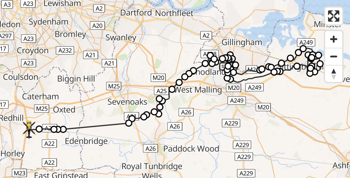 Flight path map showing Police Helicopter route from Rochester Airport to Tandridge