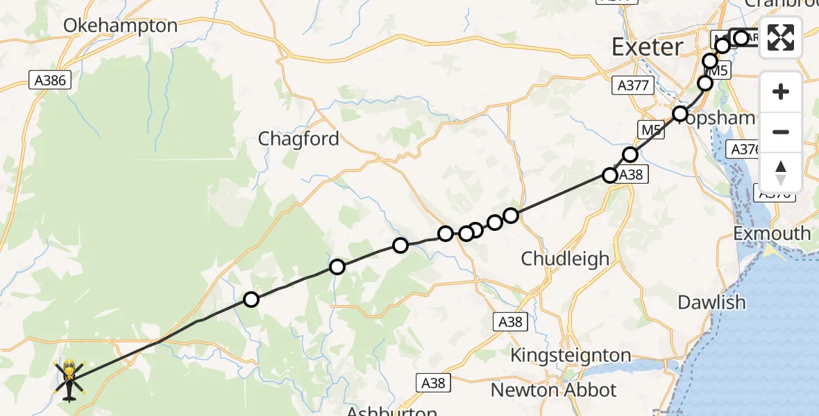 Flight path map showing Police Helicopter route from Exeter International Airport to West Devon